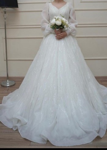 Uzun Kollu Şeffaf Prenses Model Beyaz Gelinlik - Görsel 3