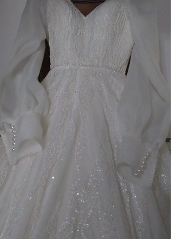 Uzun Kollu Şeffaf Prenses Model Beyaz Gelinlik - Görsel 4