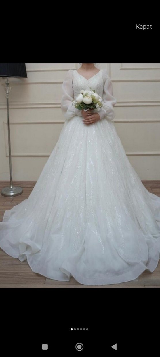 Uzun Kollu Şeffaf Prenses Model Beyaz Gelinlik - Görsel 3