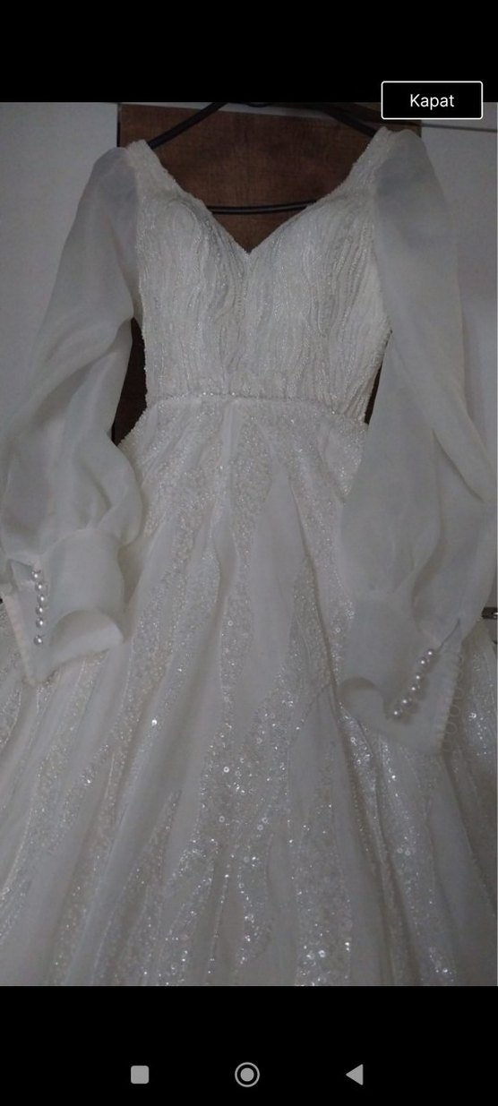 Uzun Kollu Şeffaf Prenses Model Beyaz Gelinlik - Görsel 4