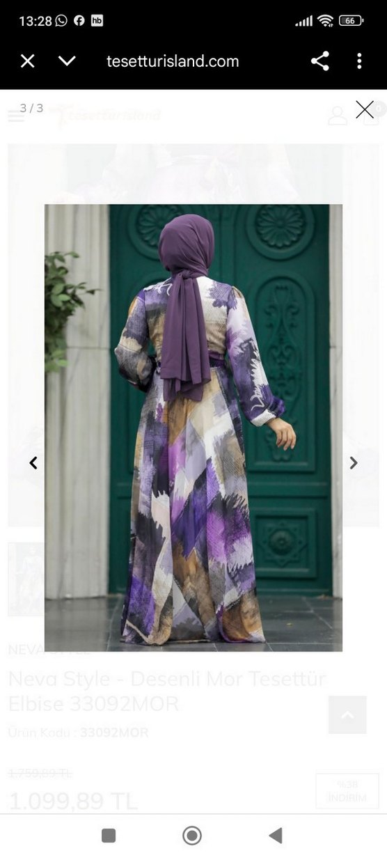 Mor Desenli Uzun şifon Tesettür Elbise - Görsel 5