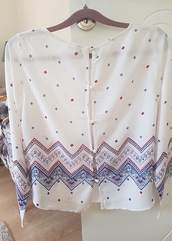 Bohem Beyaz Desenli Uzun Kollu Kadın Bluz - Görsel 2
