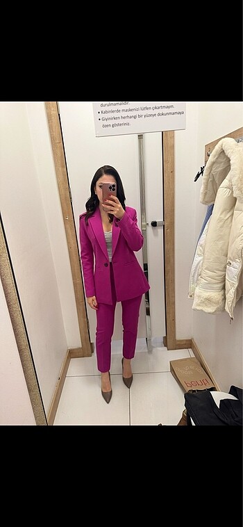 s Beden pembe Renk SETRE FUŞYA PANTOLON CEKET TAKIM