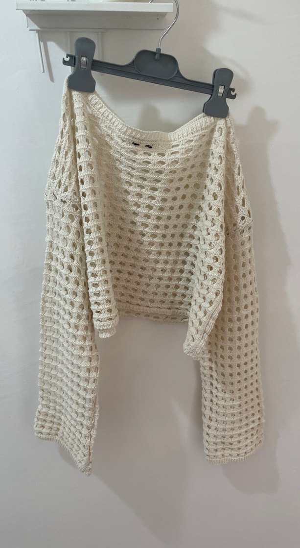 Bej Bohem Örgü Kadın Mini Kazak - Görsel 3