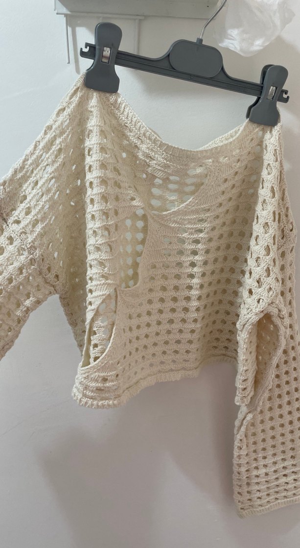 Bej Bohem Örgü Kadın Mini Kazak - Görsel 2