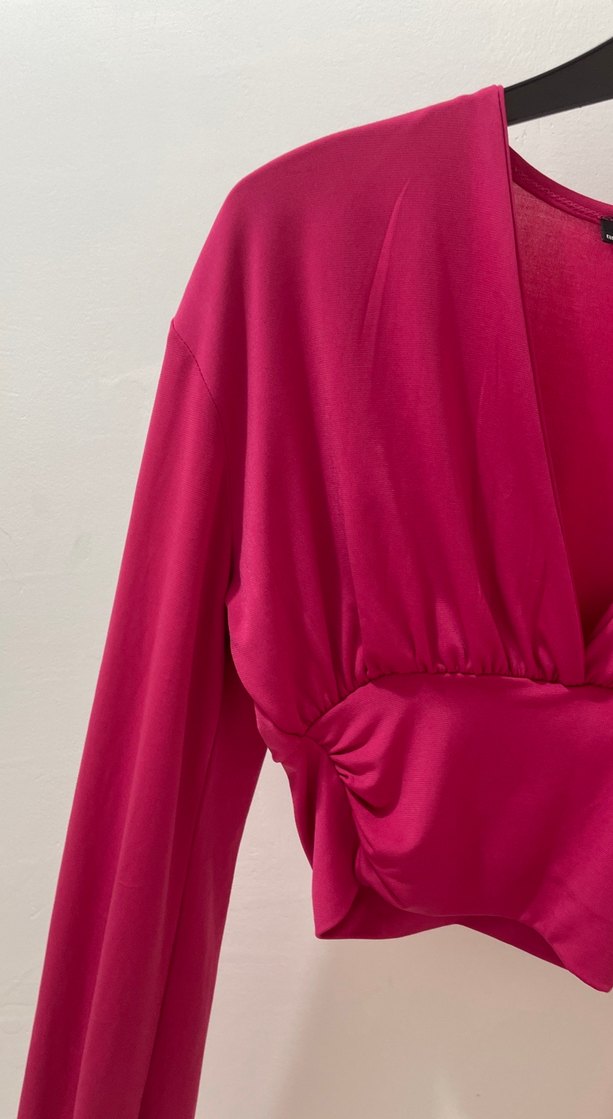 Uzun Kollu V Yaka Drapeli Mini Bluz - Görsel 2