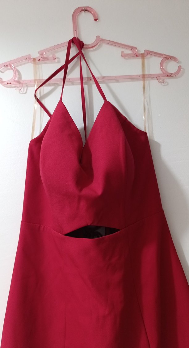 Bordo V Yaka Drapeli kısa Kadın Abiye - Görsel 2