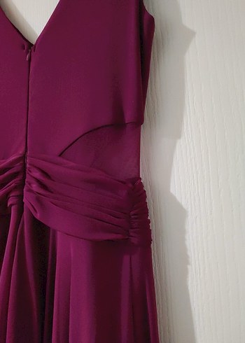 Bordo Drapeli V Yakalı Uzun Abiye Elbise - Görsel 7