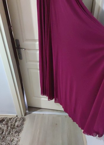 Bordo Drapeli V Yakalı Uzun Abiye Elbise - Görsel 6