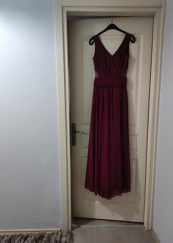 Bordo Drapeli V Yakalı Uzun Abiye Elbise - Görsel 2