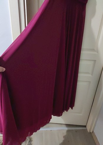 Bordo Drapeli V Yakalı Uzun Abiye Elbise - Görsel 5