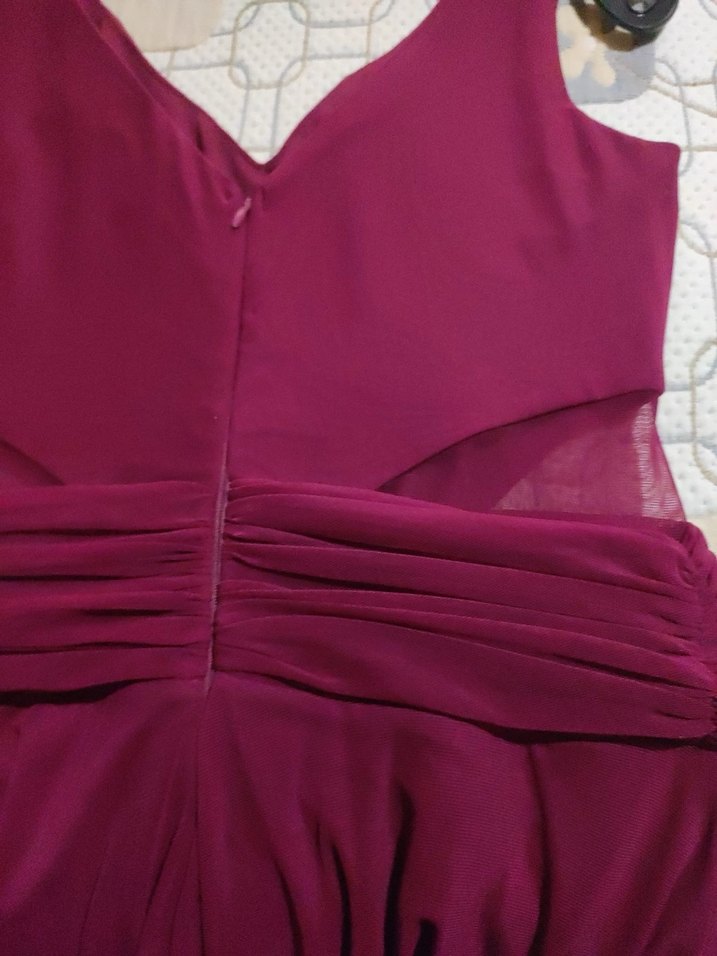 Bordo Drapeli V Yakalı Uzun Abiye Elbise - Görsel 3