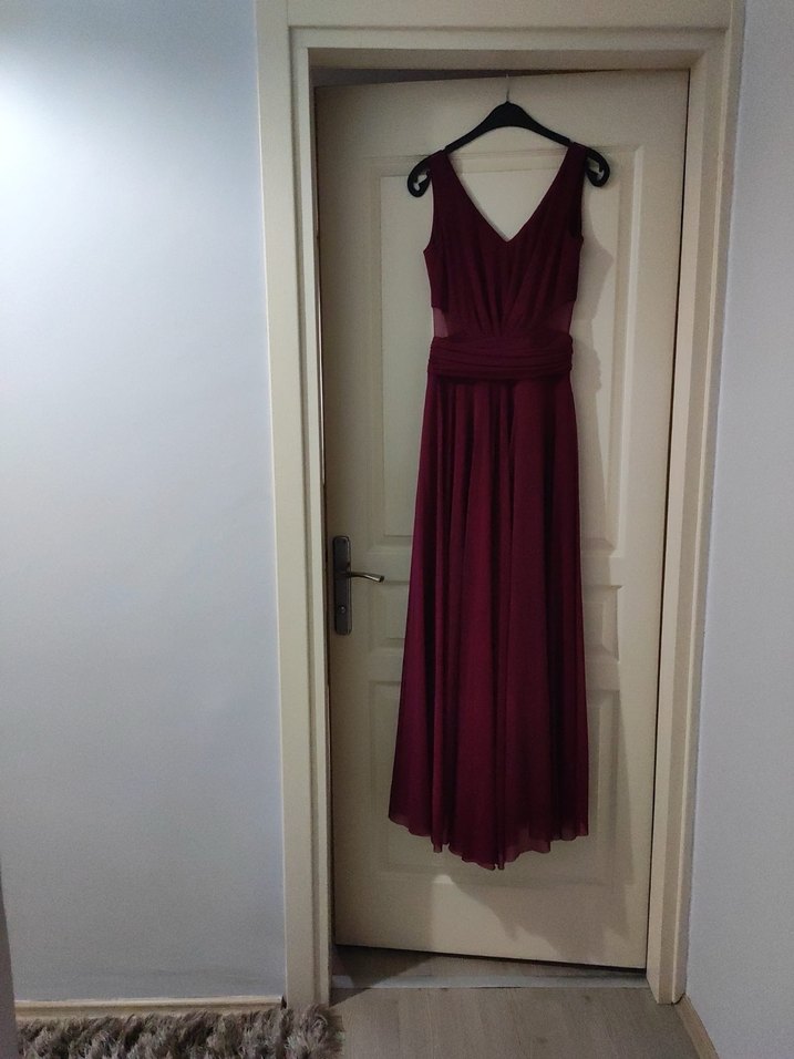 Bordo Drapeli V Yakalı Uzun Abiye Elbise - Görsel 2