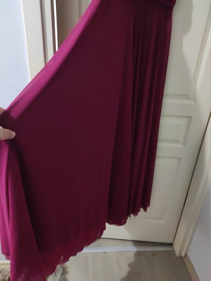 Bordo Drapeli V Yakalı Uzun Abiye Elbise - Görsel 5