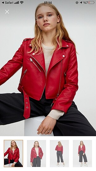 Pull&bear koyu kırmızı deri görünümlü biker ceket