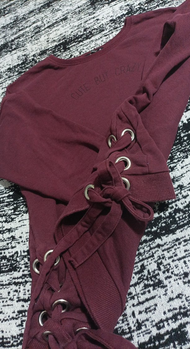 Bordo Kadın Süet Düğmeli Sweatshirt - Görsel 2