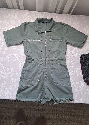 yeşil gabardin Kadın Kısa Tulum - Görsel 4