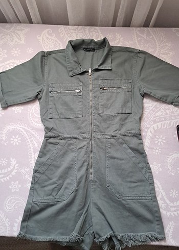 yeşil gabardin Kadın Kısa Tulum - Görsel 2