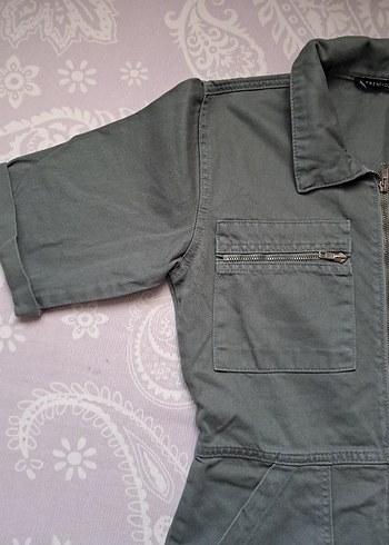 yeşil gabardin Kadın Kısa Tulum - Görsel 3