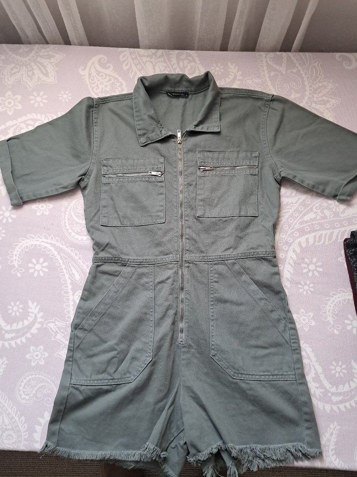 yeşil gabardin Kadın Kısa Tulum - Görsel 2