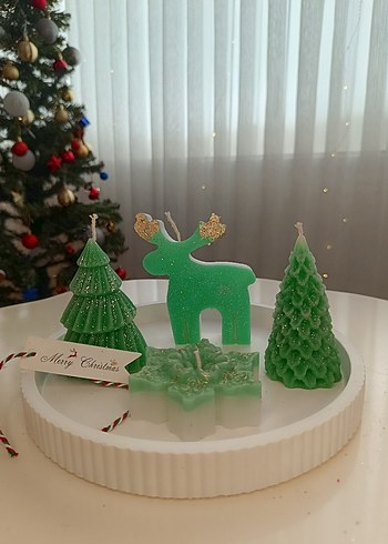 Beyaz ve Yeşil Yılbaşı Temalı Mum Seti - Görsel 2