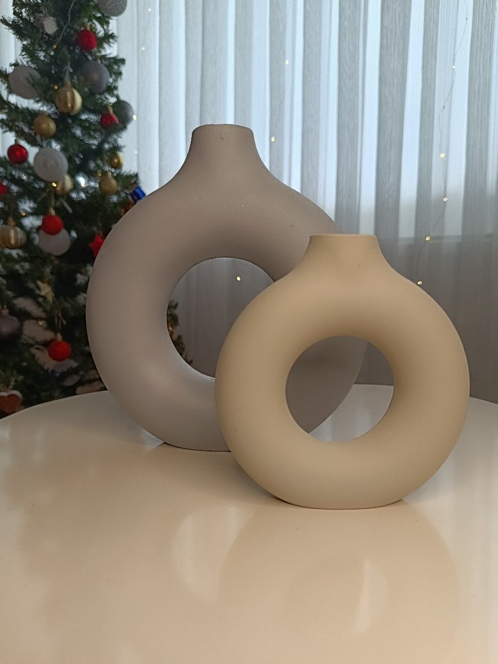 Bej ve Gri Modern Seramik Vazo Seti - Görsel 2