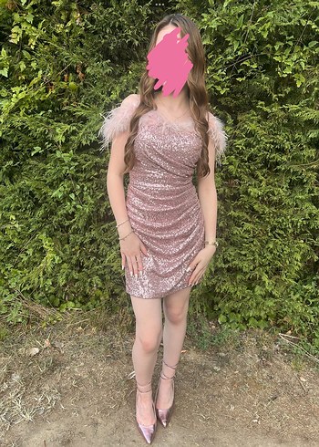 Pembe Parlak Mini Abiye Elbise