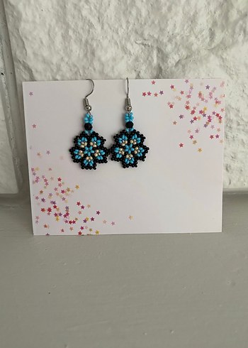 Turkuaz Boncuklu Çiçek Desenli Küpe - Görsel 2