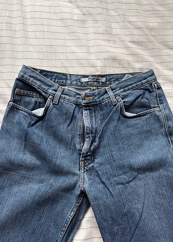 mavi orta bel düz paça vintage denim - Görsel 3
