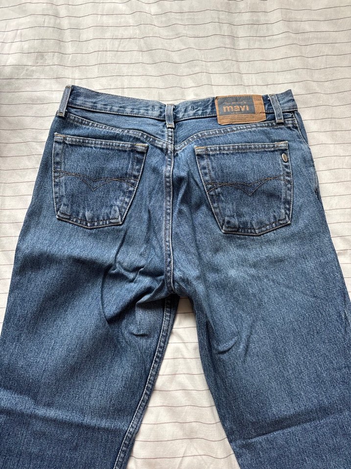 mavi orta bel düz paça vintage denim - Görsel 5
