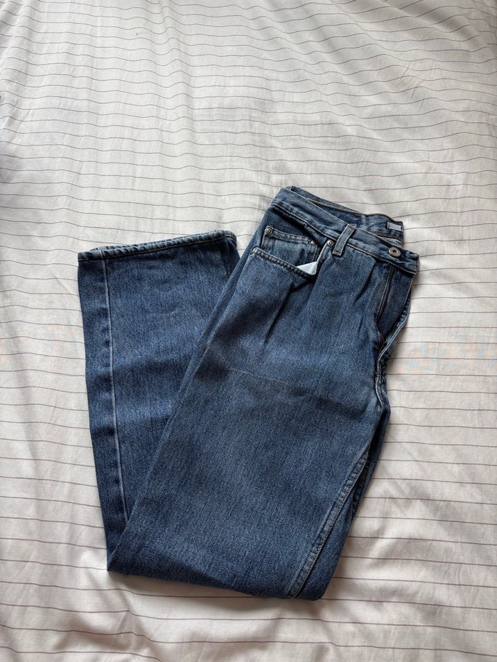 mavi orta bel düz paça vintage denim - Görsel 2