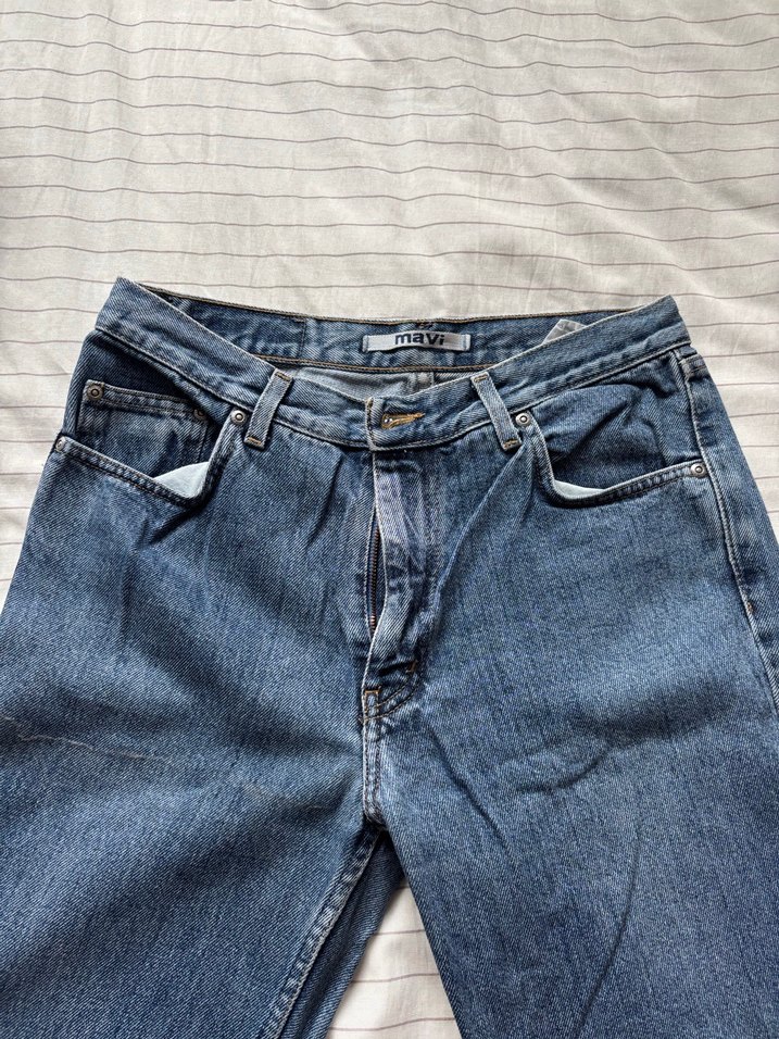 mavi orta bel düz paça vintage denim - Görsel 3