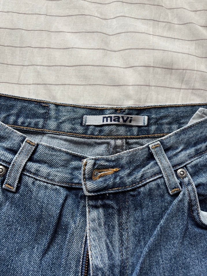 mavi orta bel düz paça vintage denim - Görsel 4