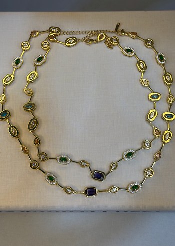 Renkli Taşlı Zincir Detaylı Uzun Kadın Kolye - Görsel 3