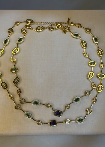 Renkli Taşlı Zincir Detaylı Uzun Kadın Kolye - Görsel 2