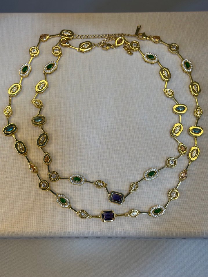 Renkli Taşlı Zincir Detaylı Uzun Kadın Kolye - Görsel 3