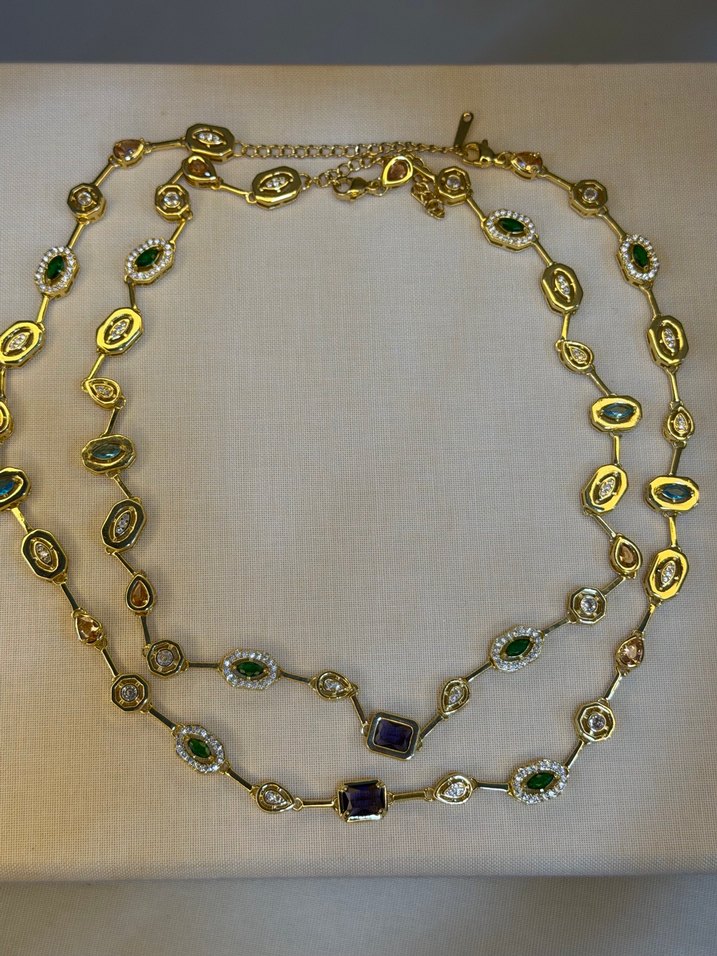 Renkli Taşlı Zincir Detaylı Uzun Kadın Kolye - Görsel 2