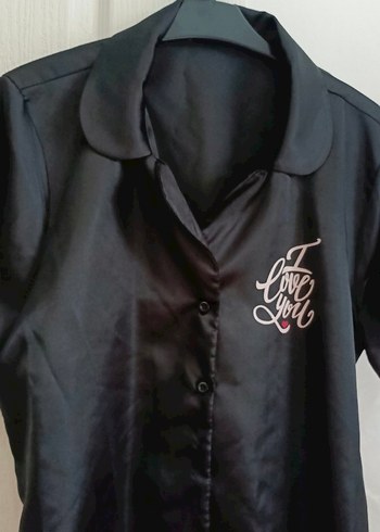 Siyah Parlak Midi Kadın Sabahlık şort takım - Görsel 3