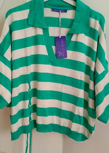 Beyaz Yeşil Çizgili V Yaka Kemerli Kadın Kazak - Görsel 2