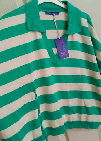 Beyaz Yeşil Çizgili V Yaka Kemerli Kadın Kazak - Görsel 4