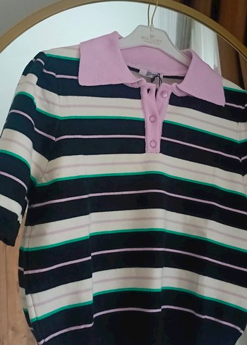 Düğmeli Polo Yaka Çizgili Kadın Kazak - Görsel 2