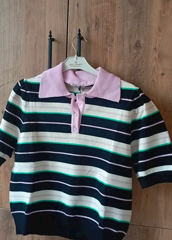 Düğmeli Polo Yaka Çizgili Kadın Kazak - Görsel 5