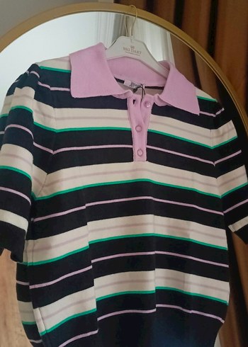 Düğmeli Polo Yaka Çizgili Kadın Kazak - Görsel 3