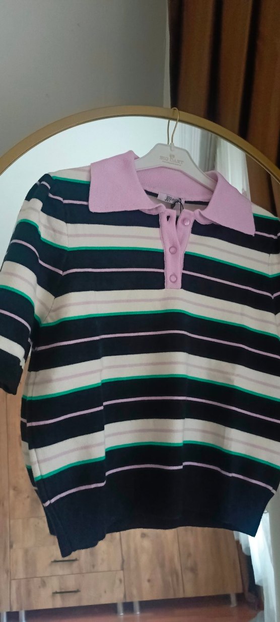 Düğmeli Polo Yaka Çizgili Kadın Kazak - Görsel 2