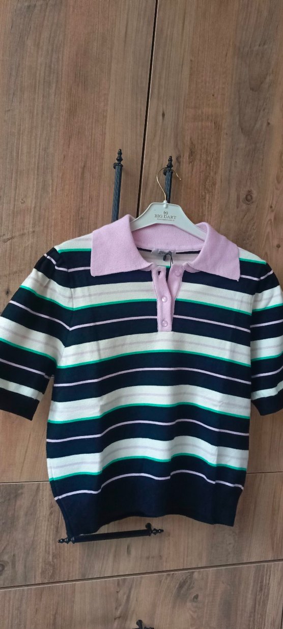 Düğmeli Polo Yaka Çizgili Kadın Kazak - Görsel 4