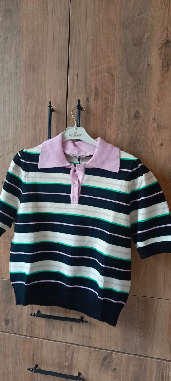 Düğmeli Polo Yaka Çizgili Kadın Kazak - Görsel 5