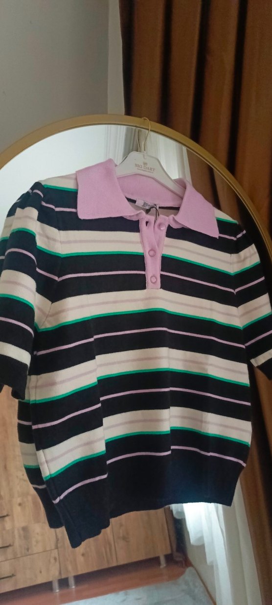 Düğmeli Polo Yaka Çizgili Kadın Kazak - Görsel 3