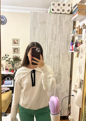 Beyaz Yüksek Yakalı Örgü Kadın Kazak - Görsel 2