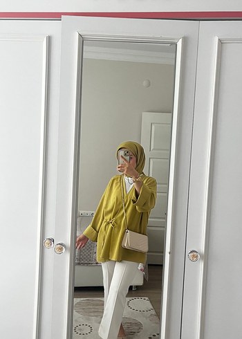 Yandan bağlamalı yağ yeşili keten kimono