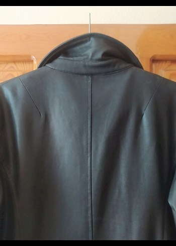 Düğmeli Uzun siyah Deri Kadın Ceketi - Görsel 5